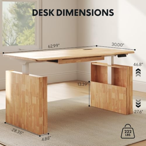 FLEXISPOT 63" WoodiX Solid Wood Executive Standing Desk with Drawer, Maple - Image 2