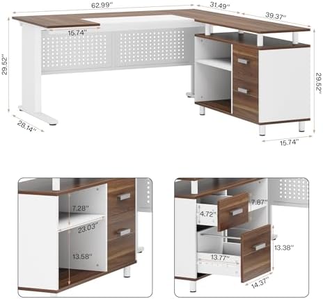 Tribesigns 63 Inch Executive Desk with File Cabinet, L Shaped Office Desk with Drawers and Storage Shelves, Business Furniture Set Workstation for Home Office, White and Walnut - Image 2