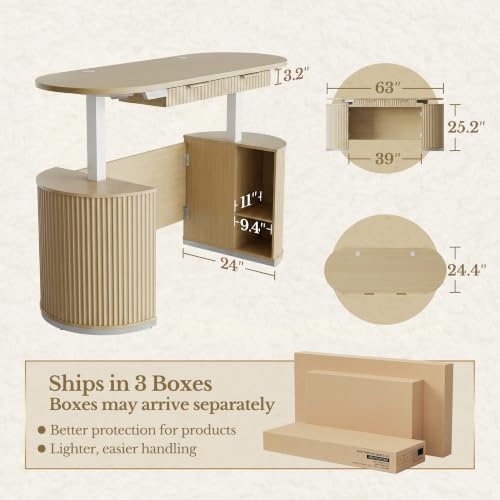 Electric Standing Desk with Storage Drawers, 63'' Executive Height Adjustable Desk with Privacy Panel and Shelves, Wood Fluted Computer Desk for Home Office, Light Walnut - Image 2