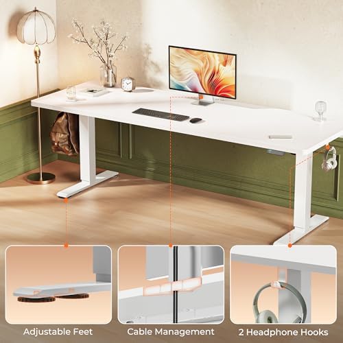 Huuger 78.7'' x 29.5'' Large Electric Standing Desk, Height Adjustable Computer Desk, 29.5" Deep Desktop, Stand up Gaming Office Desk with 2 Hooks, 3 Preset Heights, for Home Office, White - Image 7