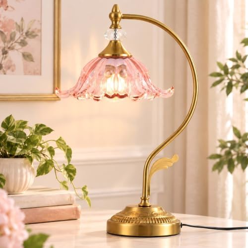 Vintage Floral Table Lamp, Plug in Mid-Century Modern Desk Lamp with Transparent Glass Shade, Gold Bedside Table Lamp Dimmable for Bedroom Living Room Home Office by EIDEARAYHomeLighting