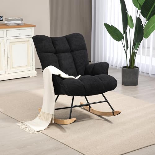 SAETSFEG Rocking Chair Nursery Teddy Upholstered Glider Rocker Rocking Accent Chair Padded Seat with High Backrest Armchair Comfy Side Chair for Living Room Bedroom Office, Classic Black by SAETSFEG