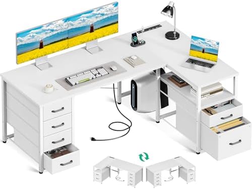 Coleshome 55 Inch L Shaped Office Desk with 6 Drawers, Power Outlet, White by Coleshome