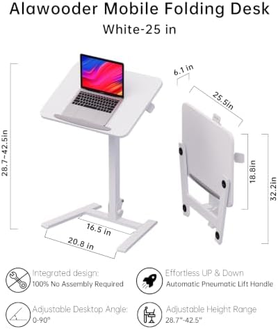 alawooder 25" Mobile Folding Desk: Pneumatic Sit-Stand, No Assembly - Image 3