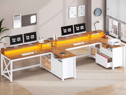 SEDETA Farmhouse L Shaped Desk, 55" Home Office Desk with Drawers and Storage Shelves, L Shaped Gaming Desk with LED Lights, Power Outlet and Monitor Shelf, Brown - Image 3