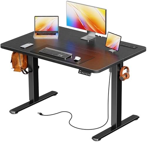 Huuger 39 X 24 Inch Electric Standing Desk with Power Outlets and USB-C Port, Height Adjustable Desk, Sit Stand Desk for Home Office, Computer & Gaming Desk with 3 Presets, Stable Steel Frame, Black by Huuger