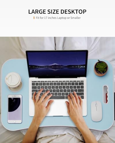 FISYOD Foldable Laptop Table, Portable Lap Desk Bed Table Tray, Laptop Stand with Cup Holder & Tablet Slot & Lifting Handle for Working Writing Drawing & Eating (Light Blue) - Image 5