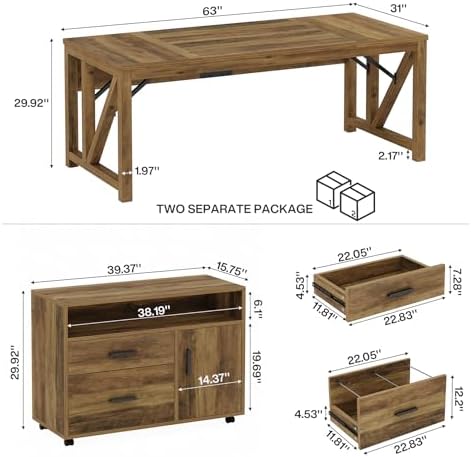 Tribesigns 63" L Shaped Executive Desk & 39" File Cabinet Set, Corner Computer Desk with Ample Storage, Large Industrial Retro Office Desk with Drawers & Shelves, for Home & Business, Rustic Brown - Image 2