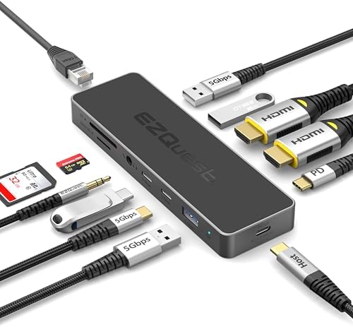 USB-C Hub 12-in-1: Dual 4K 60Hz HDMI, 100W PD, Gigabit Ethernet, 5X USB Ports (2X USB-C, 3X USB-A 5Gbps), SD/MicroSD, Audio Jack - Docking Station for Windows, MacBook Pro/Air, Chromebook by EZQuest