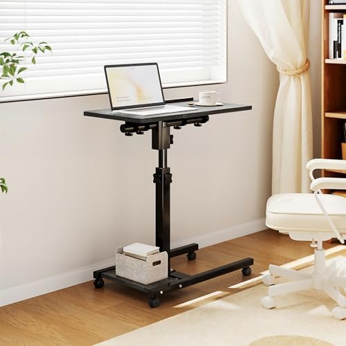 Furist Overbed Table with Wheels Adjustable Height, Mobile Standing Stand Up Rolling Laptop PC Desks with Tilting Top Height Tray Side Computer Workstation for Bedroom on Hospital Home Use, Black - Image 6
