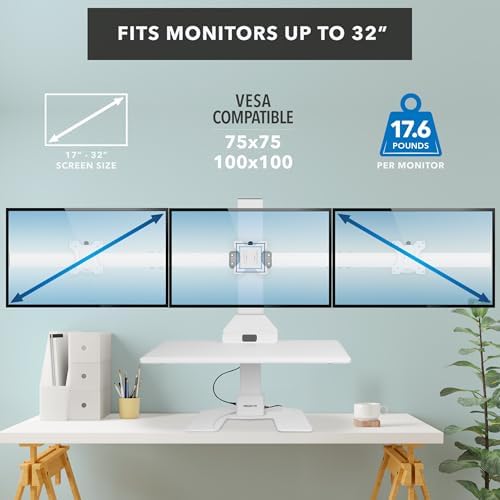 Mount-It! Triple Monitor Electric Standing Desk Converter - 3 Monitor Standing Desk is Height Adjustable, Sit-Stand Converting Desk for Home, Office Monitor Mounts Fits Screens up to 32" White - Image 5