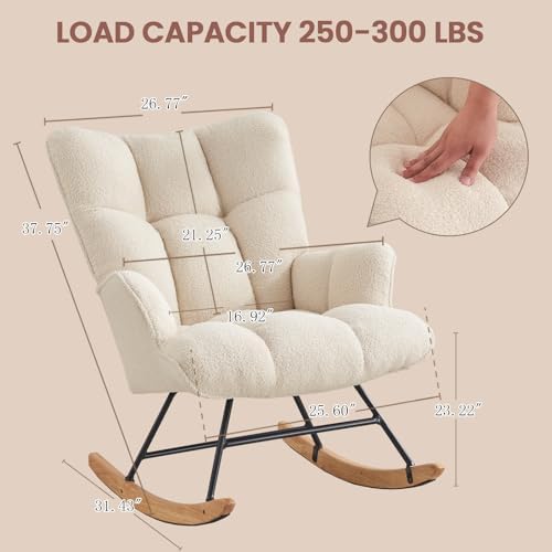 SAETSFEG Rocking Chair Nursery Teddy Upholstered Glider Rocker Rocking Accent Chair Padded Seat with High Backrest Armchair Comfy Side Chair for Living Room Bedroom Offices (Ivory Teddy) - Image 2