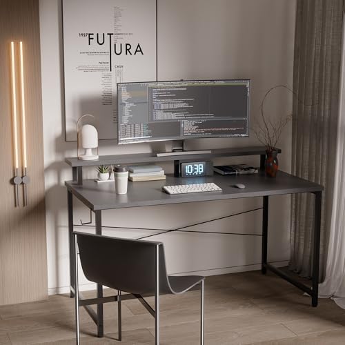 Pamray 47 Inch Small Computer Desk with Monitor Stand, Simple Office Desk with Headphone Hook for Small Spaces, Kids Study Writing Table for Bedroom, Grey - Image 2