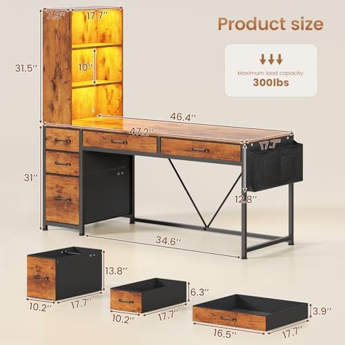 SEDETA Computer Desk with 5 Drawers and Bookshelf, Reversible Home Office Desk with Storage Shelves and File Drawer, Gaming Corner Desk with LED Lights for Small Spaces, Rustic Brown - Image 2