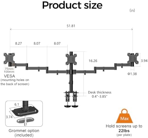 Suptek Triple LED LCD Monitor Desk Mount Heavy Duty Fully Adjustable Stand for 3 / Three Screens up to 27 inch (MD6463) - Image 5