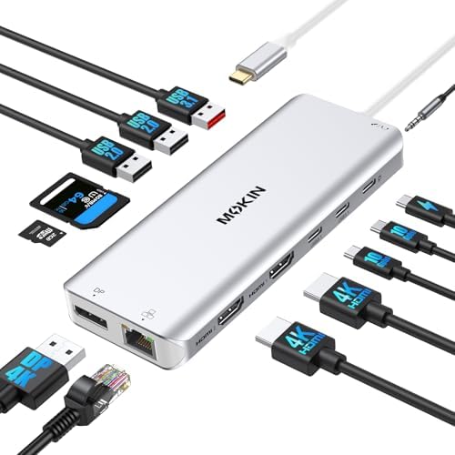 USB C Laptop Docking Station Dual Monitor Dual HDMI 4K DP Triple Display Hub, 13 in 1 MOKiN USB C Hub with 3 Monitors, DisplayPort, USB 3.1, RJ45, 100W PD, Card Reader, Audio/Mic, for Dell HP, Sliver by MOKiN