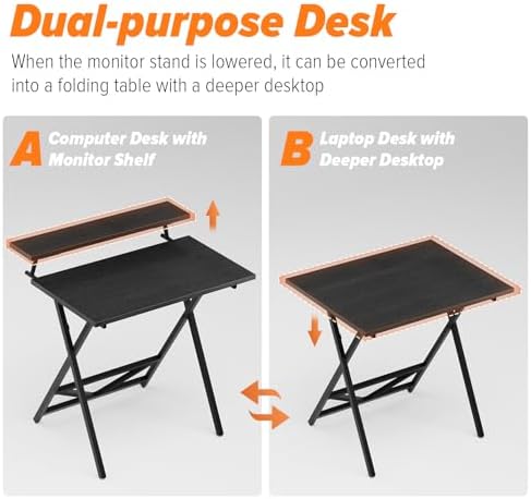 WOHOMO Folding Computer Desk with Monitor Stand, Adjustable Height, Black - Image 4
