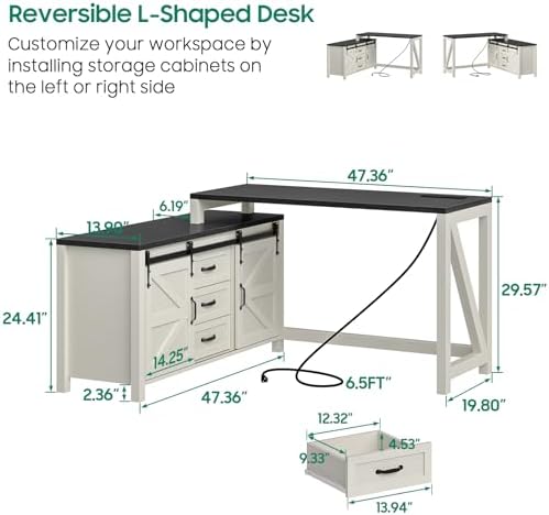 Executive L Shaped Office Desk with Drawers, Farmhouse Corner Desk for Home Office with Storage Cabinet, Computer Desk with Charging Station, Reversible Study Writing Table Workstation, Rustic White - Image 3