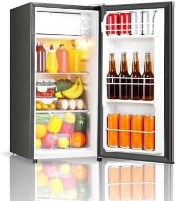 Seaoola Mini Fridge with Freezer, Single Door 3.1 Cu.Ft, Compact Mini Refrigerator, LED Light, Adjustable Thermostat, Removable Glass Shelves, Small Refrigerator for Dorm/Office/Bedroom(Sliver) by Saeoola