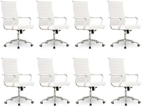 Okeysen Office Desk Chair, Ergonomic Leather Modern Conference Room Chairs, Executive Ribbed Height Adjustable Swivel Rolling Chair for Home Office Set of 8. (White) by Lepdep