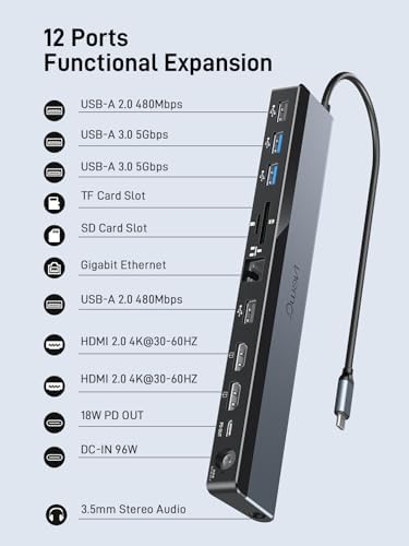 USB C Docking Station Dual Monitor 4K@60Hz, 12-in-1 Laptop Dock with 2*HDMI, 4*USB, Thunderbolt 3/4 Dock, SD/TF Slot, Ethernet, Audio, 96W Power Adapter, for HP, Lenovo, Dell, ASUS,Surface - Image 5