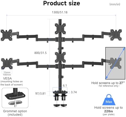 Suptek Hex LED LCD Monitor Stand up Desk Mount Extra Tall 31.5 inch Pole Heavy Duty Fully Adjustable Stand for 6 / Six Screens up to 27 inch (MD68126) - Image 7