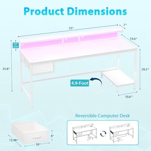 DurayLoly 55" Computer Desk with Power Outlet & Fabric Drawer,White - Image 3