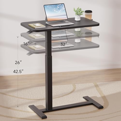 GTPLAYER Small Standing Desk with Hidden Wheels, Pneumatic Mobile Rolling Laptop Desk, Adjustable Height Overbed Bedside Table Computer Workstation for Home Office (32" W x 16" D, Pure Black) - Image 3