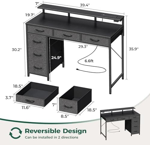 Huuger Gaming Desk with 6 Drawers, Computer Desk with LED Lights Power Outlets and Type-C, 39 Inch Office Desk with Storage, Monitor Stand, Writing Desk Work Desk Home Office, Bedroom, Black, 1CD100B - Image 3