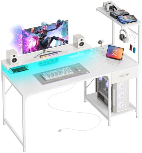 PRAISUN 47.2 Inch Gaming Desk with LED Lights & Power Outlets by PRAISUN