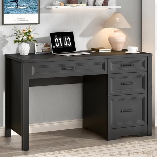 Vabches Farmhouse Executive Desk with Storage and Ample File Drawer, Rustic Large Home Writing Desk for Bedroom, Pure Black by Vabches