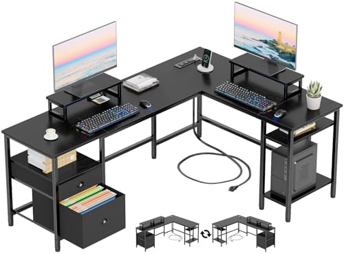 Furologee 66 Inch L Shaped Desk with 2 Drawers and Power Outlet, Black by Furologee