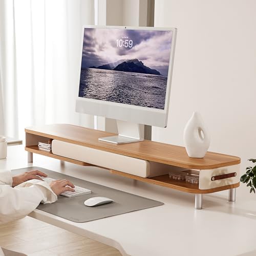 Fenge Dual Monitor Stand with Large Storage Drawer, 42.5" Desk Shelf, Oak - Image 2