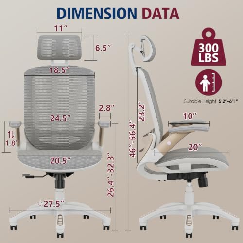 GABRYLLY Ergonomic Office Chair, High Back Home Desk Chair with 2D Flip-Up Arms, 3D Headrest, 90-120° Tilt and Wide Cushion, Big and Tall Mesh Chairs for Man Woman, White Computer Task Chair - Image 3