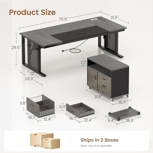 SEDETA 71" Executive Desk with Rolling File Cabinet, Large Office Desk with Drawers, L Shaped Computer Desk with Power Outlets, CPU Stand, Pegboard and Storage Shelves, Gray - Image 2