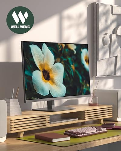 Bamboo 42” Dual Monitor Stand with Sliding Doors Desk Shelf - Image 2