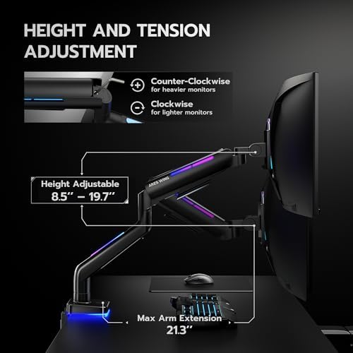 ARES WING Ultrawide Monitor arm with RGB for 17-49 Inch Screen, Black - Image 6