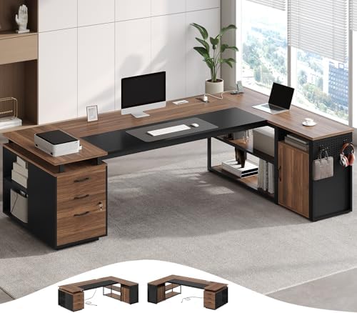 78" Executive Desk with Lockable File Cabinet, L Shaped Office Desk with Power Outlets, Large Executive Desk with Drawers and Storage Shelves , Reversible Computer Desk with Privacy Screen, Walnut by Unknown