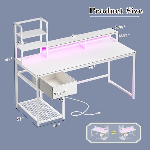 EnHomee 44" Small White Gaming Desk with Hutch & Shelves for Teen Gamer - Image 3
