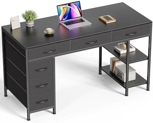 Huuger Computer Desk with 6 Drawers, Office Desk with Shelves, Reversible Gaming Desk, Corner Desk with Storage, Work for Home Office, Study, Living Room, 47inch, Black by Huuger