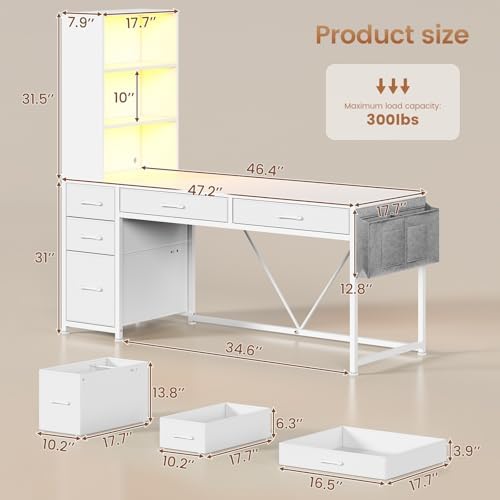 SEDETA Computer Desk with 5 Drawers and Bookshelf, Reversible Home Office Desk with Storage Shelves and File Drawer, Gaming Desk with LED Lights for Small Spaces, White - Image 2