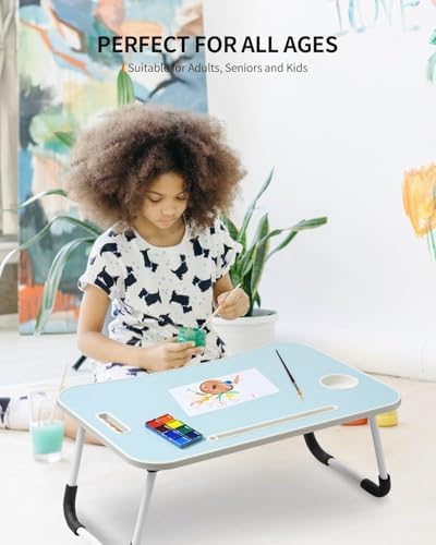 FISYOD Foldable Laptop Table, Portable Lap Desk Bed Table Tray, Laptop Stand with Cup Holder & Tablet Slot & Lifting Handle for Working Writing Drawing & Eating (Light Blue) - Image 4