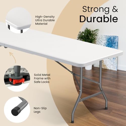 2 PACK of 8 Feet Foldable Table with Built in Handle & Steel Legs | 8 FT Heavy Duty Portable | Perfect for Party, Dining, Wedding, Events, Picnic Indoor, Outdoor, Camping, Temporary - 8 Foot - Image 3