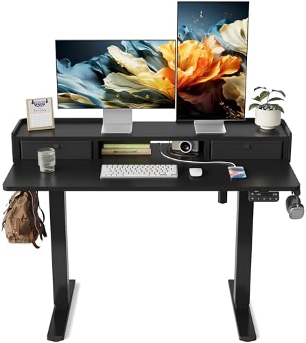 YIHAYO Electric Standing Desk with Drawers, 48 x 24 Inches Adjustable Desk with Storage Shelf, Stand Up Desk with Splice Board, Computer Table for Home Office, Black Frame/Black Top by YIHAYO