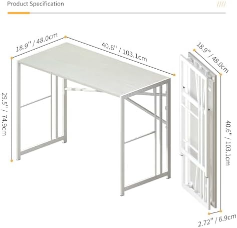Lutown-Teen Folding Desk 40 inch No Assembly Required, White - Image 3