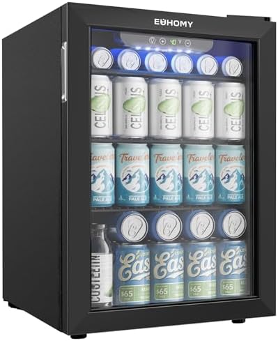 EUHOMY 100 Can Mini Fridge, Beverage Refrigerator with Glass Door, Black by EUHOMY
