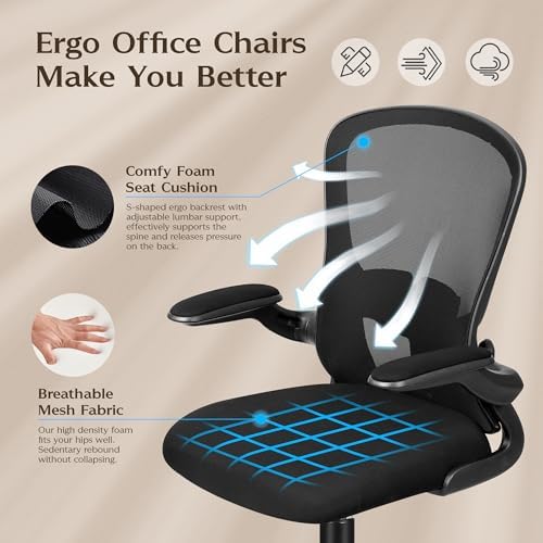 FelixKing Office Desk Chairs, Ergonomic PC Desk Chair with Wheels, Adjustable Lumbar Support and Height, Swivel Computer Chair with Flip-up Armrests, Ergo Mesh Backrest for Working (Black, Pack of 4) - Image 5