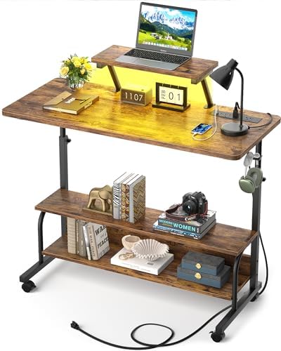 Height Adjustable Standing Desk with Power Outlets and LED Lights - 39" Manual Stand Up Desk with Monitor Stand and Storage Shelves Small Mobile Rolling Computer Desk Portable Laptop Table, Rustic by Besiost