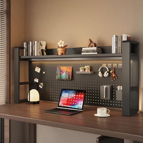 Desk Shelf Organizer for Top of Desk – Desktop Bookshelf with Pegboard & Storage Accessories, Adjustable Hutch for Dorm or Office, Steel Frame Display Shelf, N Black frame + black board 37.4*9.8*26in by Unknown