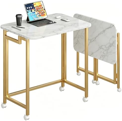 JSB Folding Desk for Small Spaces,Mobile Portable Rolling Laptop PC Table on Wheels,Foldable Computer Desk for Home Office,Bedroom,Dorm,Space Saving (White&Gold, 23.6") by HomeFurniture